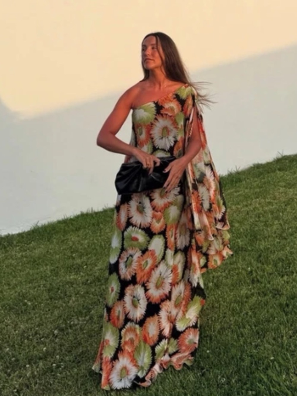 Zara Black Floral Asymmetrical Dress with Orange & Green Accents